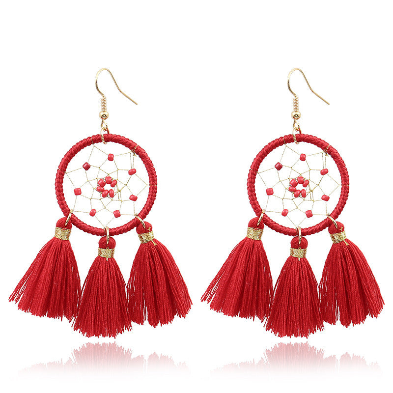 Wholesale Long Tassel Bead Mesh Metal Geometric Earrings